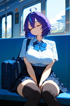 1girl, solo, breasts, short hair, bangs, skirt, large breasts, shirt, thighhighs, hair between eyes, sitting, school uniform, blue hair, closed eyes, white shirt, purple hair, ahoge, short sleeves, thighs, multicolored hair, pleated skirt, collared shirt, black thighhighs, miniskirt, black skirt, bag, zettai ryouiki, streaked hair, feet out of frame, sleeping, between legs, school bag, hand between legs, train interior, vivid color, masterpiece, best quality, amazing quality, very aesthetic, absurdres, depth of field, score_9, score_8, score_7, score_6,sexy girl