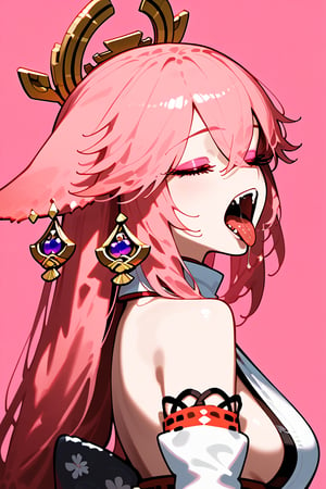 1girl, solo, long hair, open mouth, bangs, animal ears, hair between eyes, bare shoulders, jewelry, closed eyes, pink hair, earrings, detached sleeves, japanese clothes, teeth, tongue, tongue out, from side, fox ears, eyelashes, saliva, makeup, fangs, pink background, eyeshadow, yawning, yae miko, vivid color, masterpiece, best quality, amazing quality, very aesthetic, absurdres, depth of field, score_9, score_8, score_7, score_6,sexy girl