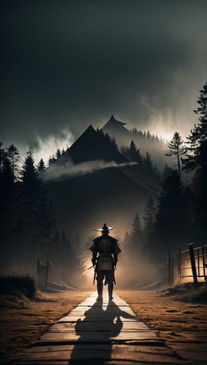 (best quality), (high resolution, UHQ, high quality), Generate a character in traditional samurai attire, standing amidst a serene yet intense scene from what appears to be a video game. The character, adorned in a hat and armor, commands attention in the center of the dark and moody environment. Surrounding the samurai are worn and battle-torn red banners on wooden poles, hinting at a history of conflict. The outdoor setting is filled with trees and foliage, with leaves falling in the air, creating an added layer of intensity. The scene is enveloped in smoke or mist, contributing to its mysterious and intense mood. The ground beneath the character seems to be made of wooden planks or a similar material. In the background, an overcast sky enhances the dramatic effect of this captivating scenario. Generate a narrative that explores the essence of this atmospheric and visually striking moment.