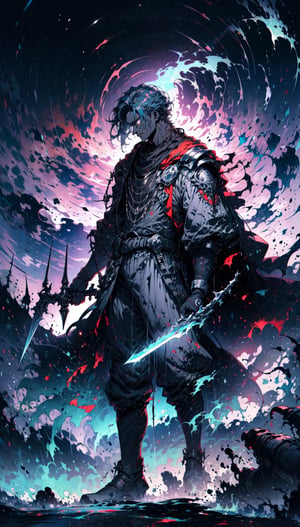 (best qualite), (UHQ, 8k, high resolution), (character: man), generate a dark man, the man holding a glowing blue sword, surrounded by an ominous and intense atmosphere.,1guy,sle