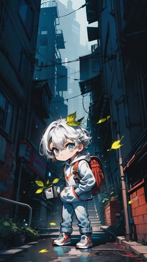 The image is a vibrant illustration of Spiderman, rendered in a charming chibi-style. Spiderman is depicted wearing a casual hoodie and a backpack, standing in an atmospheric alleyway with leaves falling around him. The background showcases a cityscape, adding depth to the scene. The illustration is executed in a comic book style, characterized by bold lines and bright colors, capturing the essence of Spiderman's adventurous spirit. The overall composition is lively and engaging, a delightful blend of superhero action and everyday life.,chibi