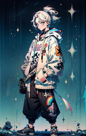 (best quality), (UHQ, 8k, high resolution), Generate a detailed and imaginative description of an anime-style character, a boy exuding a distinctive and fashionable vibe, dressed in a hoodie and black pants. Envision the character's appearance with attention to anime aesthetics, highlighting expressive features, a unique hairstyle, and any accessories that add flair to the overall design. Describe the hoodie and black pants with creative nuances, considering any patterns, symbols, or accessories that contribute to the character's individuality. Explore the character's posture, facial expression, and the surrounding elements to craft a cohesive anime-style scene. Capture the essence of a stylish and confident anime boy, showcasing the synergy between a trendy hoodie and black pants, exuding a sense of contemporary coolness and youthful charm,sle