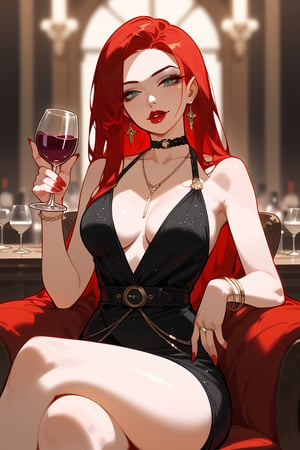 1girl, solo, long hair, breasts, looking at viewer, dress, holding, jewelry, sitting, red hair, choker, belt, necklace, black dress, bracelet, cup, makeup, black choker, crossed legs, lipstick, holding cup, red nails, alcohol, drinking glass, red lips, wine glass, vivid color, masterpiece, best quality, amazing quality, very aesthetic, absurdres, depth of field, score_9, score_8, score_7, score_6,sexy girl