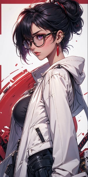 1girl, solo, breasts, looking at viewer, simple background, black hair, gloves, long sleeves, jewelry, closed mouth, purple eyes, jacket, weapon, earrings, glasses, sword, hair bun, from side, lips, coat, piercing, single hair bun, sunglasses, white jacket, katana, sheath, ear piercing, red background, sheathed, round eyewear, tinted eyewear, yellow-framed eyewear