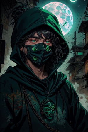 painting with visible brush strokes, a man puting a mask for died gas, clothe: black hoddie, eyes for the mask green glows, in a mystical city into night, green moon, comic style.,crazy