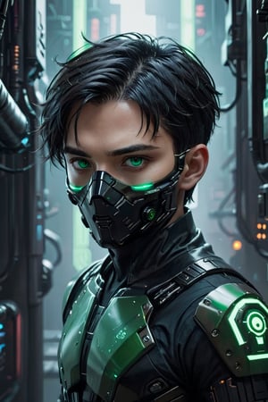 solo, short hair, black hair, 1boy, green eyes, male focus, mask, portrait, realistic, cyberpunk