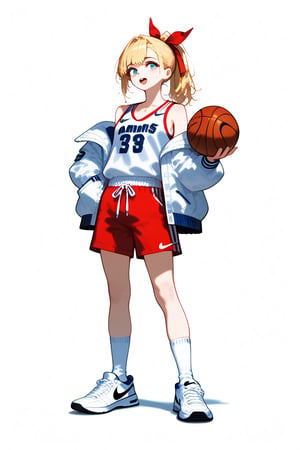 1girl, solo, open mouth, blonde hair, simple background, white background, ribbon, jacket, full body, hair ribbon, ponytail, shoes, shorts, socks, off shoulder, red ribbon, white jacket, white socks, sneakers, sportswear, red shorts, basketball, nike, basketball uniform, vivid color, masterpiece, best quality, amazing quality, very aesthetic, absurdres, depth of field, score_9, score_8, score_7, score_6,sexy girl