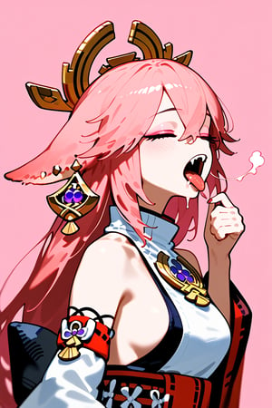 1girl, solo, long hair, open mouth, bangs, animal ears, hair between eyes, bare shoulders, jewelry, closed eyes, pink hair, earrings, detached sleeves, japanese clothes, teeth, tongue, tongue out, from side, fox ears, eyelashes, saliva, makeup, fangs, pink background, eyeshadow, yawning, yae miko, vivid color, masterpiece, best quality, amazing quality, very aesthetic, absurdres, depth of field, score_9, score_8, score_7, score_6,sexy girl