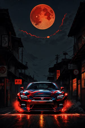 painting with visible brush strokes, a lone car nissan gtr in a mystical city into night. hes eyes glows red, red moon, comic style.,crazy