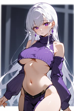 1girl, solo, long hair, breasts, looking at viewer, bangs, long sleeves, navel, bare shoulders, jewelry, medium breasts, purple eyes, white hair, thighs, cowboy shot, earrings, parted lips, detached sleeves, midriff, stomach, sweater, crop top, sleeves past wrists, underboob, turtleneck, revealing clothes, pelvic curtain, purple theme, purple sweater, cropped sweater, vivid color, masterpiece, best quality, amazing quality, very aesthetic, absurdres, depth of field, score_9, score_8, score_7, score_6,sexy girl