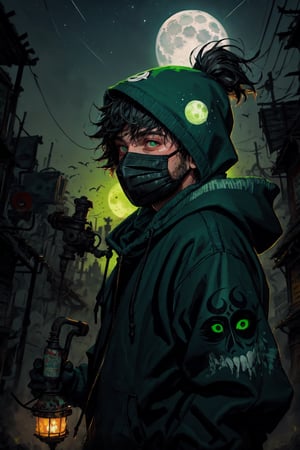 painting with visible brush strokes, a man puting a mask for gas, clothe: black hoddie, eyes for the mask green glows, in a mystical city into night, green moon, comic style.,crazy