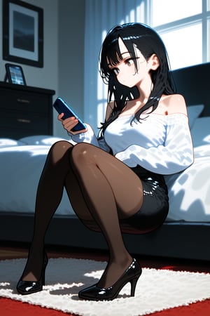 1girl, solo, long hair, skirt, shirt, black hair, long sleeves, holding, bare shoulders, sitting, full body, white shirt, pantyhose, thighs, indoors, black skirt, off shoulder, black footwear, high heels, legs, sleeves past wrists, black pantyhose, window, bed, phone, cellphone, smartphone, pencil skirt, holding phone, knees together feet apart, bedroom, carpet, vivid color, masterpiece, best quality, amazing quality, very aesthetic, absurdres, depth of field, score_9, score_8, score_7, score_6,sexy girl