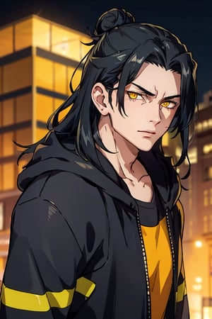 1boy, thug, getou, black jacket hoodie with yellow parts, open jacket, techwear, upper body, look at viewer, detailed face, detailed eyes, only 1 hair bun, yellow eyes, glowy eyes, long hair, black hair, forehair on the right side, chains, city by night background, serious look, slim but muscular, body to viewer,