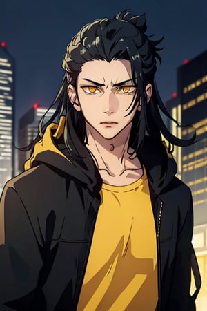 1boy, thug, getou, black jacket hoodie with yellow parts, open jacket, techwear, upper body, look at viewer, detailed face, detailed eyes, only 1 hair bun, yellow eyes, glowy eyes, glow eyes, long hair, black hair, hair on the right side, yellow lights in the background, chains, city by night background, serious look, front body, closed mouth, night city atmosphere,Solo Levelling