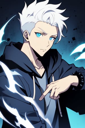 centered, upper body, looking at viewer, | boy, dark jeans, Solo Levelling, short spiky hair, Hair shaved on the sides, white_hair, blue_eyes, glow eyes, dark jacket hoodie, detailed, aura,