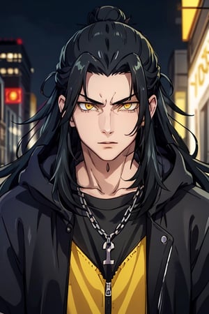 1boy, thug, getou, black jacket hoodie with yellow parts, open jacket, techwear, upper body, look at viewer, detailed face, detailed eyes, only 1 hair bun, yellow eyes, glowy eyes, long hair, black hair, forehair on the right side, chains, city by night background, serious look, slim but muscular,