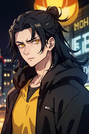 1boy, thug, getou, black jacket hoodie with yellow parts, open jacket, techwear, upper body, look at viewer, detailed face, detailed eyes, only 1 hair bun, yellow eyes, glowy eyes, glow eyes, long hair, black hair, hair on the right side, yellow lights in the background, chains, city by night background, serious look, front body, closed mouth, night city atmosphere,Solo Levelling