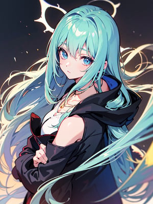 best quality, masterpiece, high res, original, beautiful detailed eyes, ultra-detailed, drill hair, long hair, very long hair, light blue hair, blue eyes, hair bow, solo, bare shoulders, necklace, looking at viewer, dark hoodie,c.c.