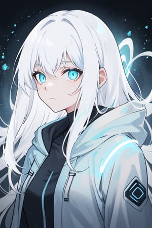 centered, upper body photography, upper body portrait, | woman, medium breasts, very long hair, white hair with light blue highlights, light blue glowing eyes, white jacket hoodie, detailed, aura,