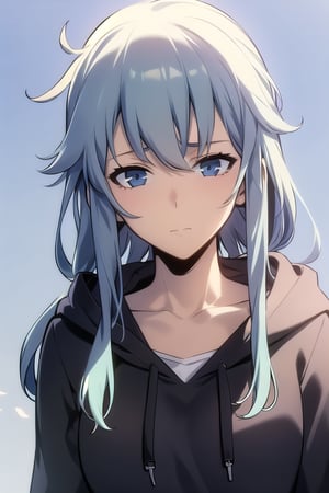 best quality, (masterpiece:1.2), 1girl, solo, very long hair, blue hair, closed mouth, blue eyes, black hoodie, front view, upper body