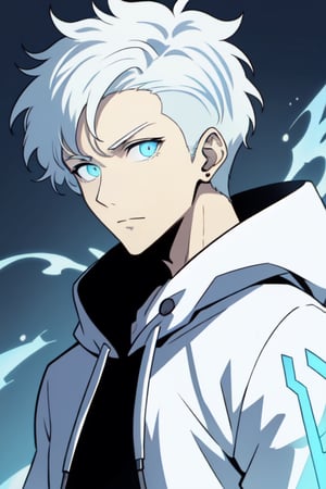 centered, upper body photography, upper body portrait, | man, Solo Levelling, short spiky hair shaved on the sides and back, white hair with light blue highlights, light blue glowing eyes, white jacket hoodie, detailed, aura, Solo Leveling