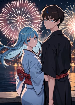 masterpiece, best quality, couple_(romantic), couple, girl x boy, girl and boy, sky, looking at viewer, upper bodys, looking back, glowy eyes, dark kimonos, fireworks, 2 people, romantic atmosphere, 25 years, | Break

(girl with long blue hair color), | Break

(boy with short brown hair color), 