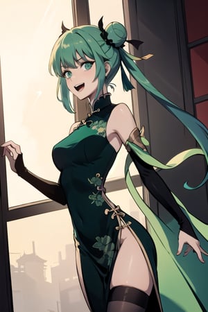 a detailed illustration of a girl, solo focus, masterpiece, best quality, highres, absurdres, 8k wallpaper, ultra detailed, extremely delicate and beautiful, cinematic lighting, detailed ambient light, backlighting, crepuscular rays, (long green hair, gradient inside hair, chinese hairstyle 2 hair buns), deep green eyes, beautiful detailed face, medium breasts, symmetrical breasts, skinny and fit body, thigh gap, [shadow, green glow, green aura, fog], (old chinese doors background), nighttime, (black long chinese dress), (standing straight, dynamic angle), medium shot, Solo Levelling, long black stockings, open mouth, bratty smirk, bratty laughing, front view, shoulder free, no armor, no shoulder pads, bratty look, happy and bratty, frong_view, frontal, elegant, looking at viewer,