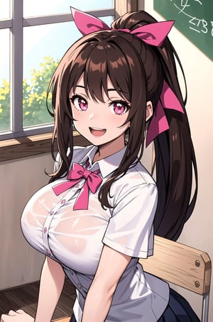 8k, masterpiece, best quality, 1girl, very long hair, brown hair, hair ribbon, ponytail, pink eyes, large breasts, school_uniform, short sleeves, looking at viewer, smile, open mouth, inside the room