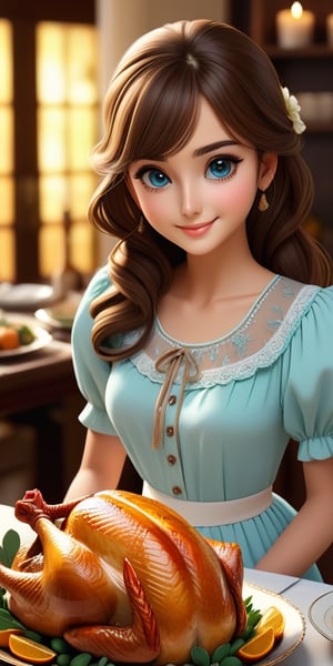 ((20year old girl:1.5)),1girl,  beautiful shining body,beautiful girl with fine details,detailed face,
bangs,((Brown hair:1.3)),((long hair:1.4)),
high eyes,(aquamarine eyes),tall eyes,Beautiful and delicate eyes,  Beautiful eyes,((tareme,animated eyes, big eyes,droopy eyes:1.2)),((thick eyebrows:1.1)),
((skirt,blouse)),
((roasted turkey,dinner,THANKSGIVING DAY:1.4)),
 ((smile expression)),
 ((realism: 1.2 )), dynamic far view shot,cinematic lighting, perfect composition, by sumic.mic, ultra detailed, official art, masterpiece, (best quality:1.3), reflections, extremely detailed cg unity 8k wallpaper, detailed background, masterpiece, best quality , (masterpiece), (best quality:1.4), (ultra highres:1.2), (hyperrealistic:1.4), (photorealistic:1.2), best quality, high quality, highres, detail enhancement,((manga like visual)),