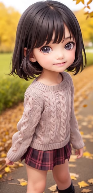 ((6-year-old girl: 1.5)), single girl, loli, petite girl, whole body, childish body, shining beautiful body, bangs, black hair, high eyes, (brown eyes), petite, tall eyes , Fine Beautiful Girl Details, Beautiful and delicate eyes, Detailed face, Beautiful eyes, Random pose, ((Realism: 1.2 )), Dynamic long shot, Cinematic lighting, Perfect composition, Created by Sumic.mic, Super Detailed, Official Art, Masterpiece, (Highest) Quality: 1.3), Reflections, Highly Detailed CG Unity 8K Wallpaper, Detailed Background, Masterpiece, Highest Quality, (Masterpiece), (Highest Quality: 1.4), (Super High Resolution: 1.2), (Surrealistic: 1.4), (Photorealistic: 1.2) ), Top quality, High quality, High resolution, Detail emphasis, Short hair, ((Smug face)), ((Smug face, Animated eyes, Big eyes, drooping eyes: 1.2)), random skin color,((laugh)), (((symmetrical eyes): 1.2)), ((autumn leaves)), outdoor, ((black long-sleeve knit top: 1.3)), ((Tartan check pleated skirt, short skirt)), boots