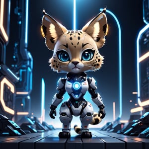 centered, solo, digital art, serval cat, chibi, black and blue sky futuristic, neon lights, floating, (gray background:1.2), simple background,(symetrical), Animal, google glass,dark background, spotlight ,retrowavetech,full body,((Anthropomorphism:1.5))(masterpiece), (science fiction:1.4), high_res, 4k, ai robot maskot, (base colour white) , tensor art logo on her chest, tech lab background, intricate mech details, ground level shot, rendered in Blender, sci-fi, futuristic, trending on Artstation, epic, cinematic background, dramatic, atmospheric,full_body portrait, movie still, action_pose, cyborg style, chibi, 