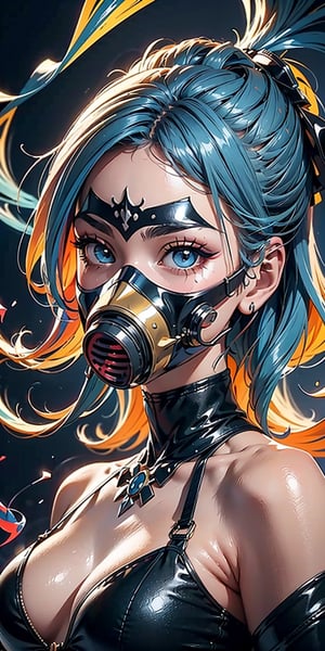 ((masterpiece)), portrait of a beautiful anime-style (woman) with a (modern gas mask based on a skull), metallic details, ultra detailed, 3D, hyper-detailed eyes, ((colorful smoke)), bright colors, cinematic light, perfect chiaroscuro , cityscape, modern and revealing clothing, sexy body, symmetrical eyes, disheveled hair, (gothic character style), (Sexy facial expression), Perfect body, open_clothing, Dynamic pose, ((haze in the atmosphere)) 