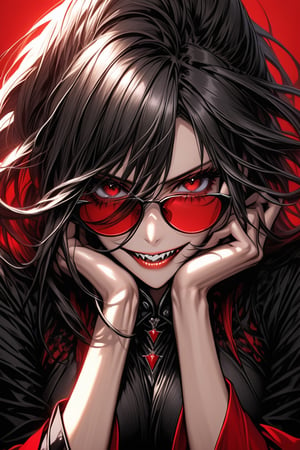 a dynamic face of a beautiful girl, villain, wearing fashionable black clothes, evil facial expression, huge evil laugh showing her vampire fangs, ((hands on her face)), ((sunglasses red color)), face in close-up, disheveled hair, large and detailed eyes, background color of the image intense red, ((anime style)), 2D, full coloring, full focus, well-worked details, many details, correct proportions corporal., sexy, 