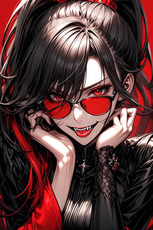 a dynamic face of a beautiful girl, villain, wearing fashionable black clothes, evil facial expression, huge evil laugh showing her vampire fangs, ((hands on her face)), ((sunglasses red color)), face in close-up, ponytail hairstyle, large and detailed eyes, background color of the image intense red, ((anime style)), 2D, full coloring, full focus, well-worked details, many details, correct proportions corporal., sexy, (showing a long tongue covered in drool).