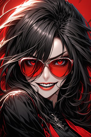 a dynamic face of a beautiful girl, villain, wearing fashionable black clothes, evil facial expression, huge evil laugh showing her vampire fangs, ((hand on the sunglasses on her face)), (sunglasses red color), face in close-up, disheveled hair, large and detailed eyes, background color of the image intense red, ((anime style)), 2D, full coloring, full focus, well-worked details, many details, correct proportions corporal.,niji5