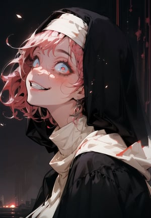(masterpiece, 1 girl), profile portrait, (nun's costume), ((insane eyes)), nocturnal atmosphere, at night, no lighting, low lighting, minimal lights, (landscape from the dark ages), (based on modeling magazines), big smile showing teeth, (top perspective), (top angle), looking at the viewer, introverted body position, ((perfect anatomy)), appropriate body proportions