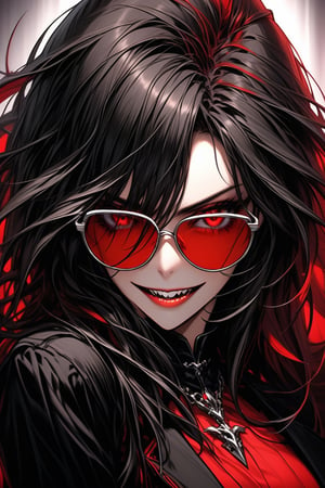 a dynamic face of a beautiful girl, villain, wearing fashionable black clothes, evil facial expression, huge evil laugh showing her vampire fangs, ((hand on the sunglasses on her face)), (sunglasses red color), face in close-up, disheveled hair, large and detailed eyes, background color of the image intense red, ((anime style)), 2D, full coloring, full focus, well-worked details, many details, correct proportions corporal.,niji5