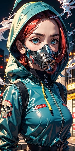 ((masterpiece)), portrait of a beautiful woman with a modern (modern gas mask (based on a skull)), metallic details, ultra detailed, 3D, hyper-detailed eyes, ((colorful smoke)), bright colors, cinematic light, perfect chiaroscuro , cityscape, modern clothing, symmetrical eyes, disheveled hair, (modern character style), (attractive facial expression), ((dynamic pose)), professional makeup, youth clothing, Futuristic hooded sweater, ((Iris red color)) , Intense contrast, ((Nightlife)) 