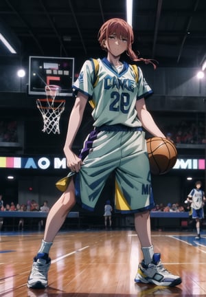 (masterpiece), (1 woman), (Makima from the anime Chainsaw man), sexy, (basketball player), (purple leakers uniform), a basketball court in the background, full body, body pose inspired by fashion magazines, HD, perfect anatomy, correct symmetry, cinematic light. 