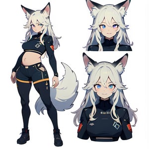 (CharacterSheet:1),1woman, (white _hair), wolf fox ears, long_hair, skin tight shorts, topless_(female), abs, blue eyes, smiling, ripped muscles, vtube, (3D), (large breasts), (extremely pregnant), (multiple views, full body, upper body, reference sheet:1), back view, front view,(white background, simple background:1.2),(dynamic_pose:1.2),(masterpiece:1.2), (best quality, highest quality), (ultra detailed), (8k, 4k, intricate), (50mm), (highly detailed:1.2),(detailed face:1.2), detailed_eyes,(gradients),(ambient light:1.3),(cinematic composition:1.3),(HDR:1),Accent Lighting,extremely detailed,original, highres,(perfect_anatomy:1.2), 