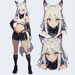 (CharacterSheet:1),1woman, (white _hair), wolf fox ears, long_hair, skin tight shorts, topless_(female), abs, blue eyes, smiling, ripped muscles, vtube, (3D), (pregnant), (multiple views, full body, upper body, reference sheet:1), back view, front view,(white background, simple background:1.2),(dynamic_pose:1.2),(masterpiece:1.2), (best quality, highest quality), (ultra detailed), (8k, 4k, intricate), (50mm), (highly detailed:1.2),(detailed face:1.2), detailed_eyes,(gradients),(ambient light:1.3),(cinematic composition:1.3),(HDR:1),Accent Lighting,extremely detailed,original, highres,(perfect_anatomy:1.2), 