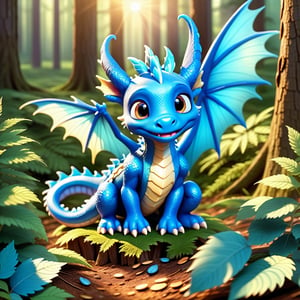 a blue baby dragon sitting on the forest floor, small bugs flying about as the sunshines in from behing, illuminating its spread open wings.