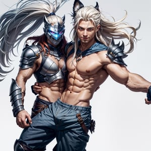  (hugging couple), (1man, warrior, red_hair, long_hair, long_ponytail, shaved side of head, nordic leather armor, armored_pants, bare chest, blue eyes, nordic, norseman, nordic_rune_on_head, detailed_hands, detailed_ab_muscles, ),
(1woman, wolf_ears, white_hair, long_hair, skin_tight_shorts, detailed_ab_muscles, blue_eyes, smiling, fit_body, detailed_hands, detailed_face,)(full body view, front view,(white background, simple background:1.2),(dynamic_pose:1.2),(masterpiece:1.2), (best quality, highest quality), (ultra detailed), (8k, 4k, intricate), (50mm), (highly detailed:1.2),(detailed face:1.2), detailed_eyes,(gradients),(ambient light:1.3),(cinematic composition:1.3),(HDR:1),Accent Lighting,extremely detailed,original, highres,(perfect_anatomy:1.2), 