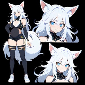 (CharacterSheet:1),1woman, (white _hair), wolf fox ears, long_hair, skin tight shorts, topless_(female), abs, cleavage, blue eyes, smiling, ripped muscles, vtube, (3D), (large breasts), (extremely pregnant), (multiple views, full body, upper body, reference sheet:1), back view, front view,(white background, simple background:1.2),(dynamic_pose:1.2),(masterpiece:1.2), (best quality, highest quality), (ultra detailed), (8k, 4k, intricate), (50mm), (highly detailed:1.2),(detailed face:1.2), detailed_eyes,(gradients),(ambient light:1.3),(cinematic composition:1.3),(HDR:1),Accent Lighting,extremely detailed,original, highres,(perfect_anatomy:1.2), 
