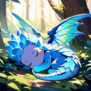 a blue baby dragon sleeping, curled up on the forest floor, the sunshines in from behind, illuminating its brilliant scales and wings