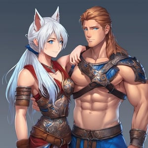  (hugging couple), (1woman, (wolf_ears), (white_hair), wolf_tail, long_hair, skin_tight_shorts, detailed_ab_muscles, blue_eyes, smiling, fit_body, detailed_hands, detailed_face,), (1man, (human ears), no_tail, warrior, red_hair, long_hair, long_ponytail, shaved side of head, nordic leather armor, armored_pants, bare chest, blue eyes, nordic, norseman, nordic_rune_on_head, detailed_hands, detailed_ab_muscles), (full body view), (front view), (white background, simple background:1.2),(dynamic_pose:1.2),(masterpiece:1.2), (best quality, highest quality), (ultra detailed), (8k, 4k, intricate), (50mm), (highly detailed:1.2),(detailed face:1.2), detailed_eyes,(gradients),(ambient light:1.3),(cinematic composition:1.3),(HDR:1),Accent Lighting,extremely detailed,original, highres,(perfect_anatomy:1.2)