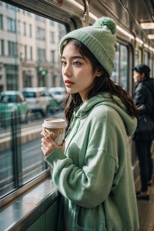 A young woman standing in a metro train, beside a window, leaning on the wall, holding a coffee mug, wearing pastel green hoodie, side view, looking outside through the window, minimal, depth of field, day time, motion blur outside, shadows, cute face, woolen hat on the head,aesthetic portrait, bodytype hourglass
