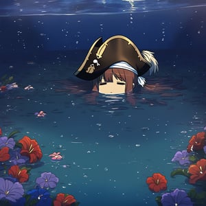 pirate, drowned, sad, under_water, anime, flowers