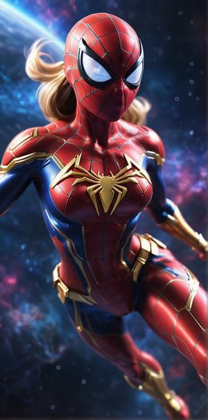 A futuristic (Spider-Man+halo+superman hybrid) suit with a mecha theme, pretty 1girl, floating in deep space, dynamic pose, flowing cape, flying, bored face, lazy smile, twin tails long wild hair, golden body ratio, muscular fit body, The suit is made of advanced materials that give it incredible strength and durability. It also has a variety of built-in weapons and gadgets that allow Spider-Man to fight crime in space. The background is a vast nebula, with stars and planets scattered throughout. The special effects include glowing energy lines around the suit, and a cosmic energy field surrounding Spider-Man. Rendered in stunning photorealism, with incredible detail and质感.