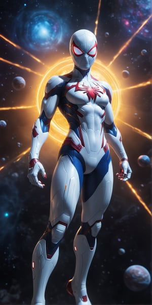 A futuristic white (Spider-Man+halo+superman hybrid) suit with a mecha theme, pretty 1girl, floating in deep space. The suit is made of advanced materials that give it incredible strength and durability. It also has a variety of built-in weapons and gadgets that allow Spider-Man to fight crime in space. The background is a vast nebula, with stars and planets scattered throughout. The special effects include glowing energy lines around the suit, and a cosmic energy field surrounding Spider-Man. Rendered in stunning photorealism, with incredible detail and质感.